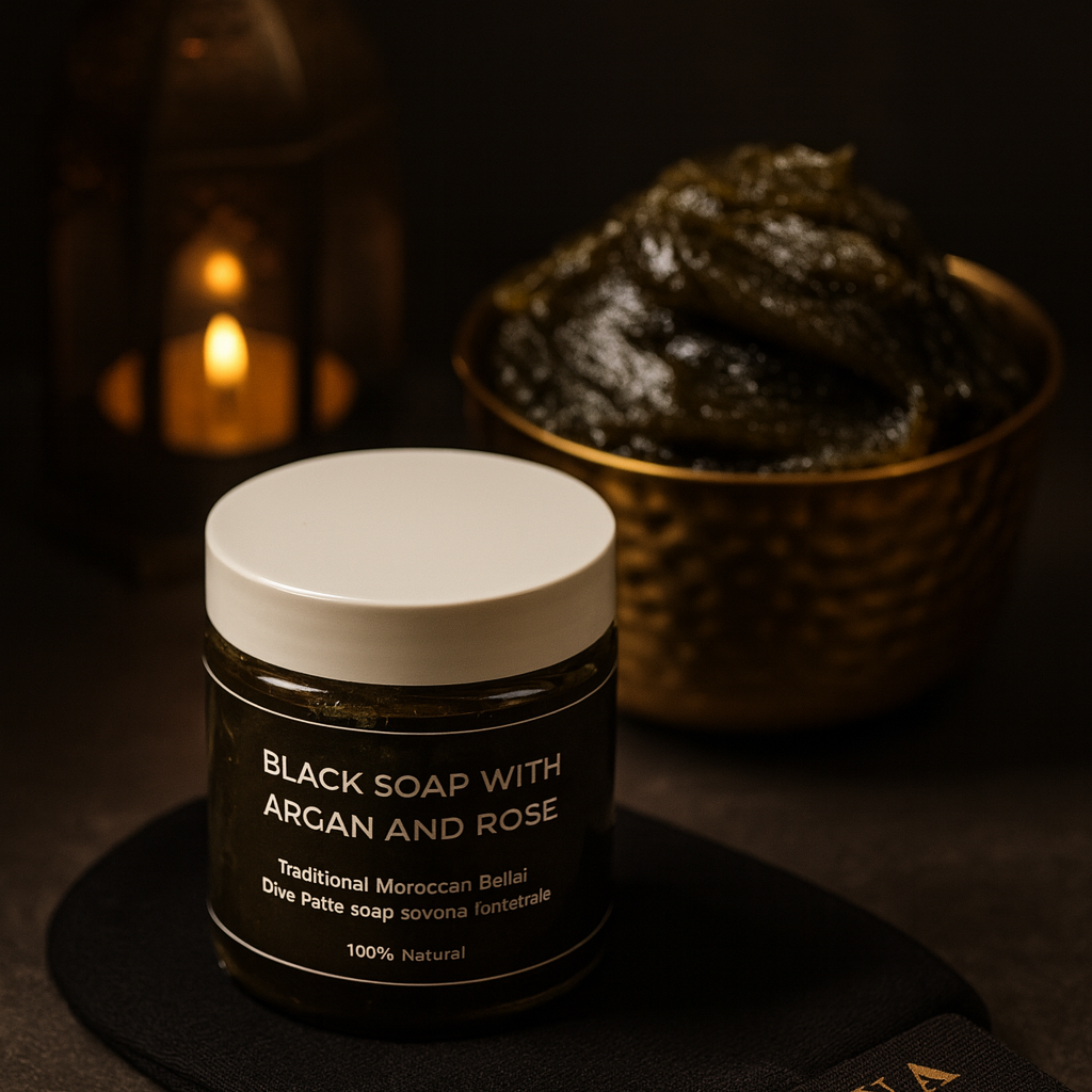 Jar of black soap with argan and rose on a dark background