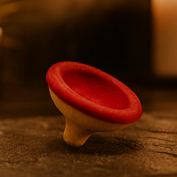 Red ceramic bowl on a dark surface with candles in the background, featuring the brand 'AKER FASSI'.