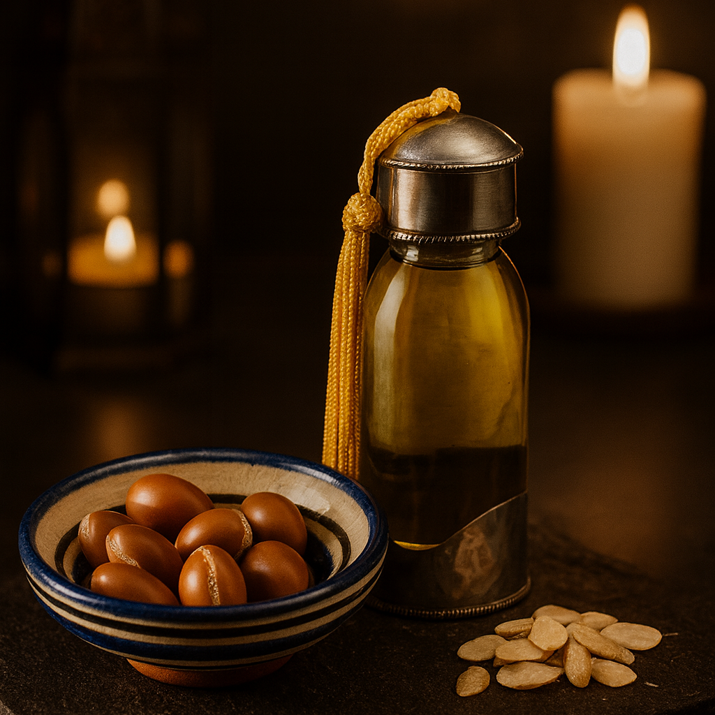 Bottle of argan oil with argan nuts on a dark surface, candles in the background
